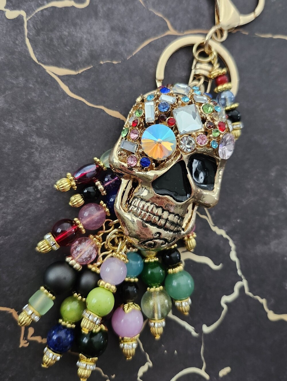 Skull Purse Charm Rhinestone Jade Strawberry Quartz Obsidian Handcrafted